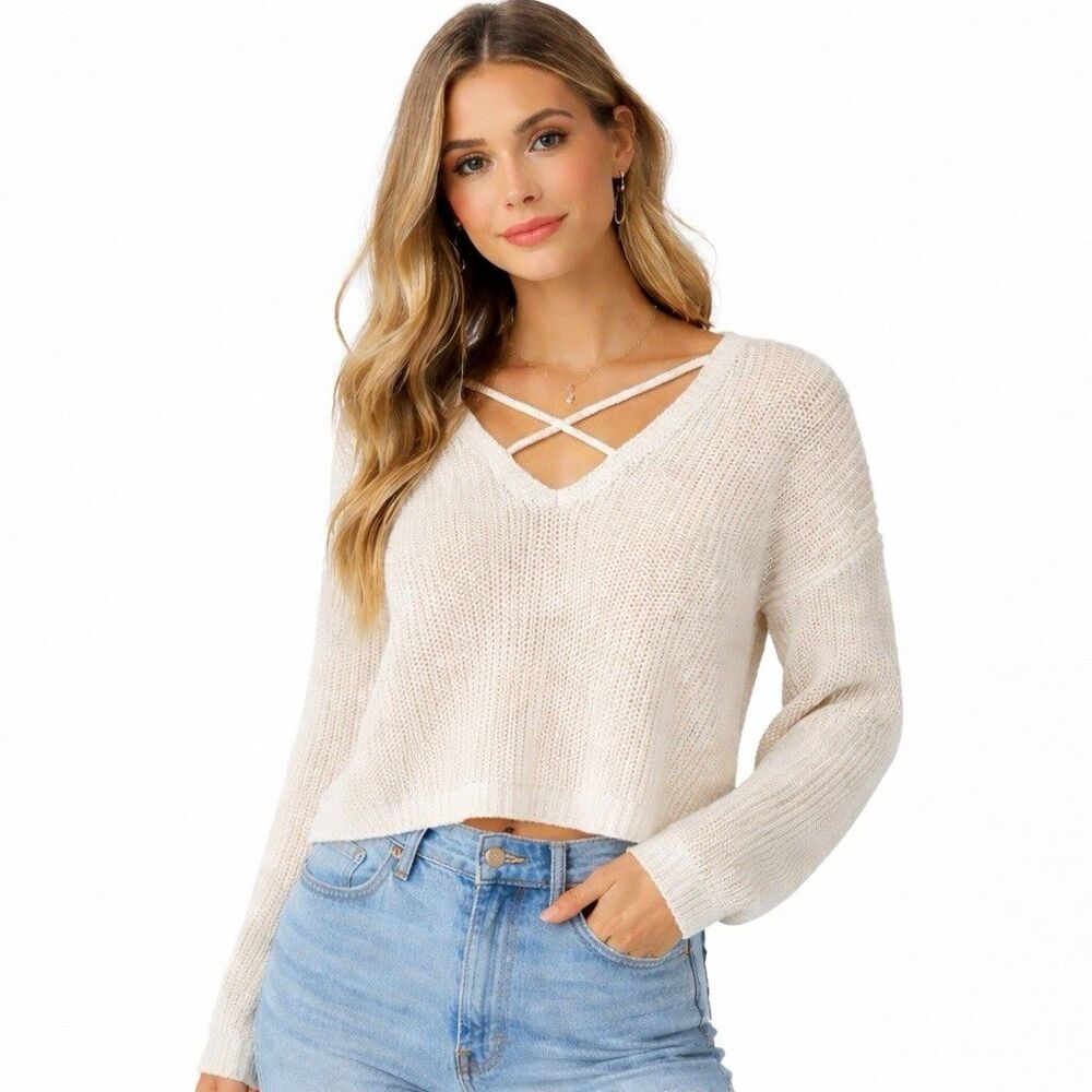 Almost Famous Cream Open Knit Sweater Criss Cross V Neck Waist Length Size L
